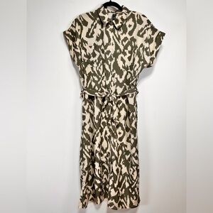 ONLY Olive Green Abstract Print Midi Shirt Dress Tie Waist Size 8 NWT